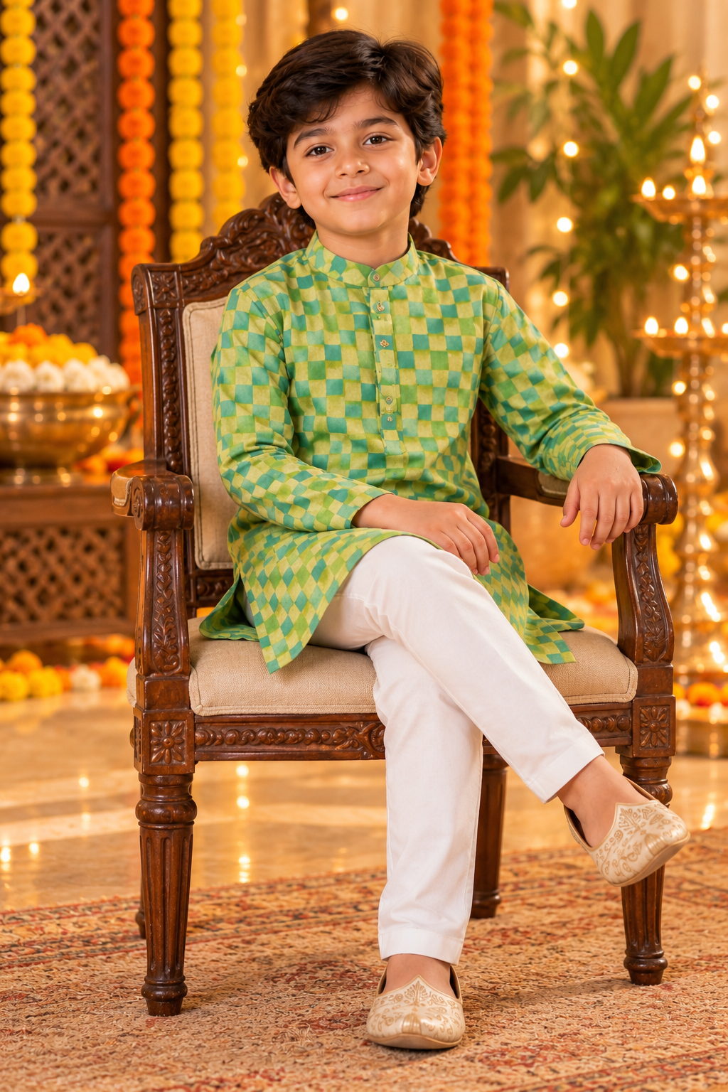 Blue and Green Check Print Kids Boys Kurta