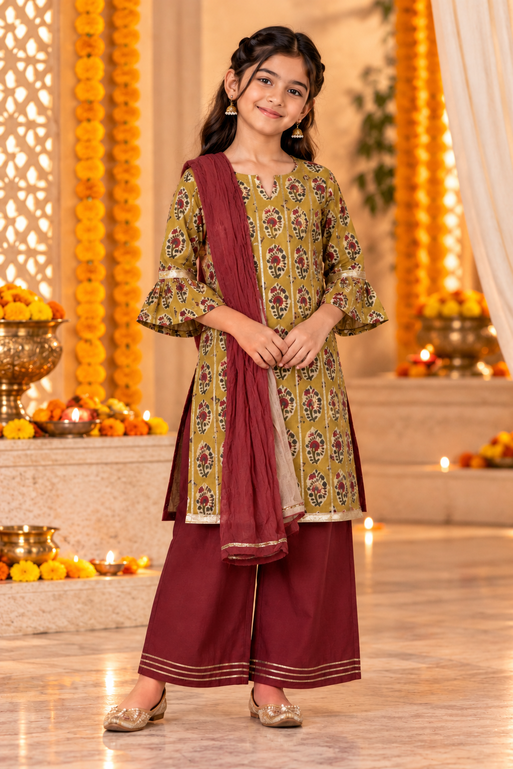 Green Kids Girls Kurta Shrara and Dupatta Set