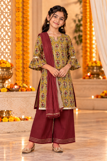 Green Kids Girls Kurta Shrara and Dupatta Set