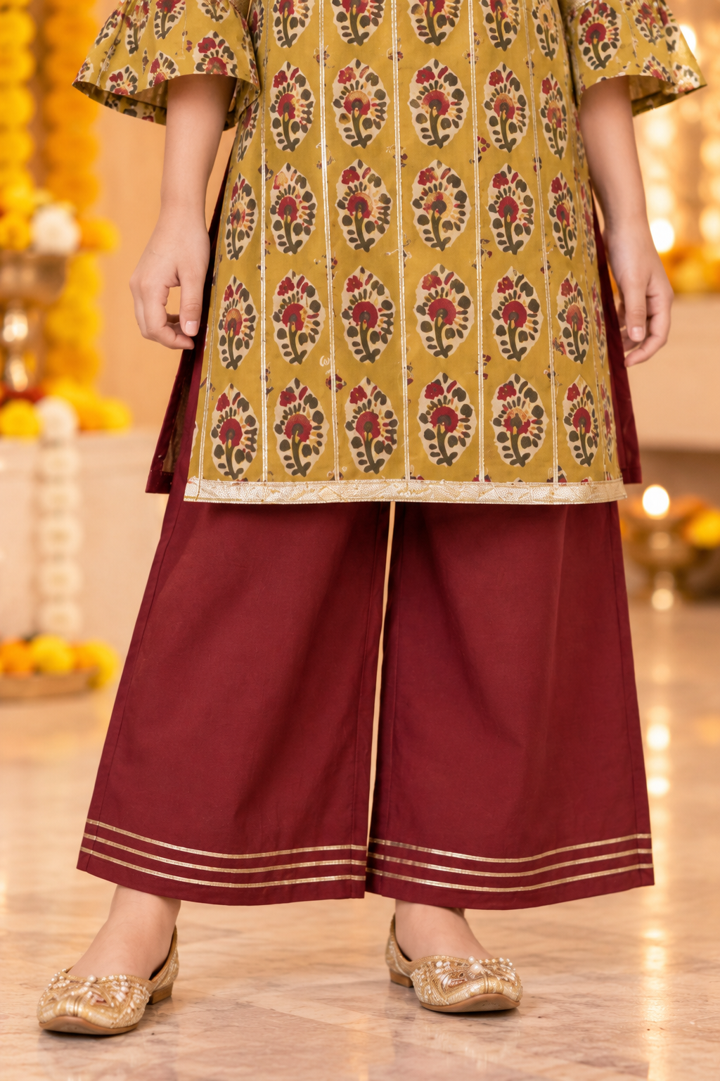 Green Kids Girls Kurta Shrara and Dupatta Set