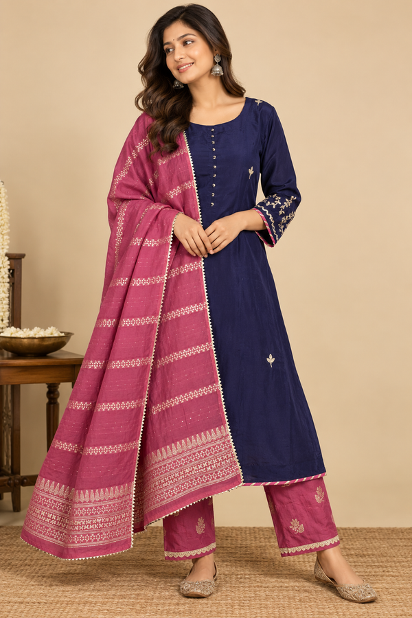 Blue and pink banarasi Complete Suit set