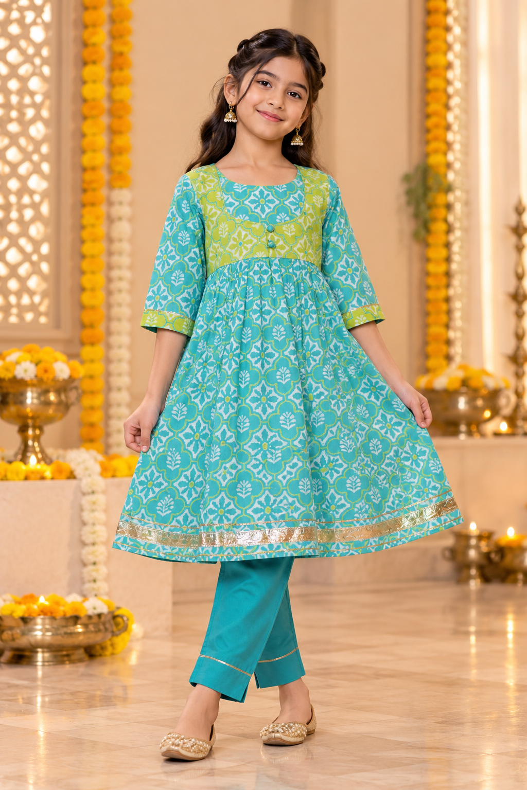 Teal Blue  Kids Girls Kurta pant and Dupatta Set