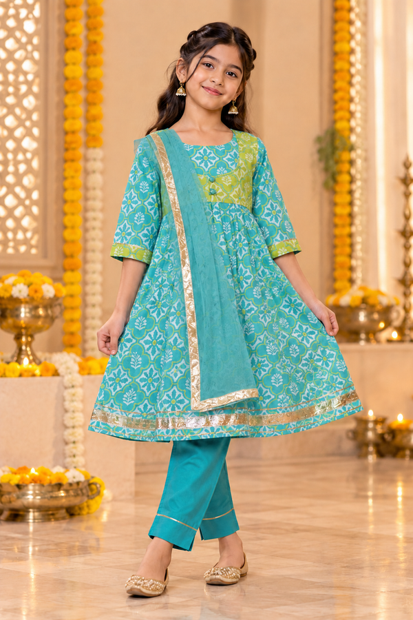 Teal Blue  Kids Girls Kurta pant and Dupatta Set