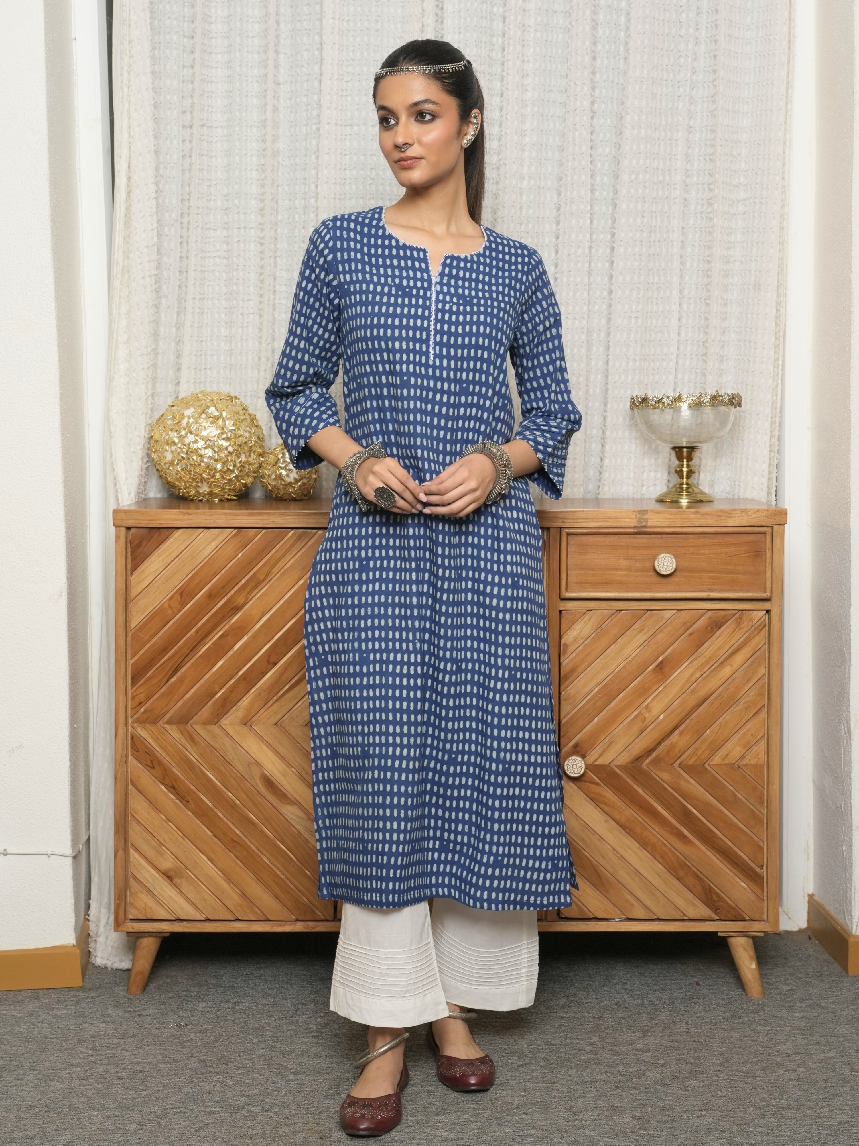 Indigo Cotton Block Printed Kurta For Women's