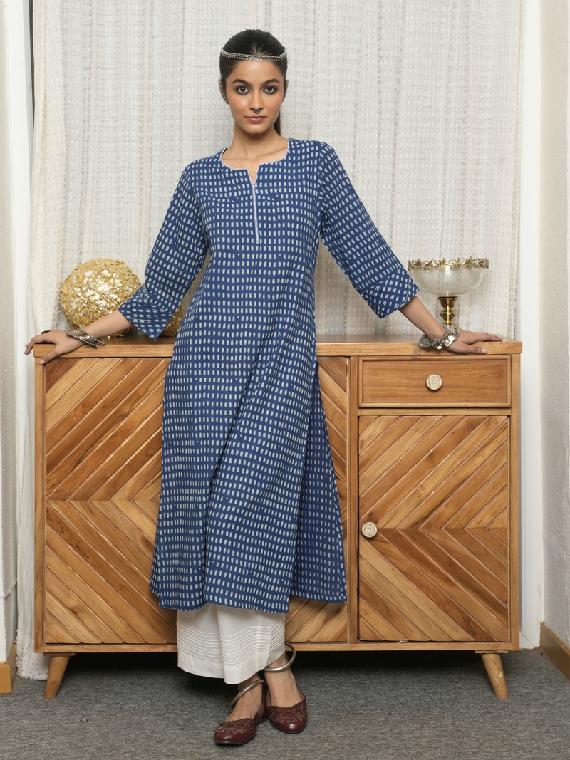 Indigo Cotton Block Printed Kurta For Women's