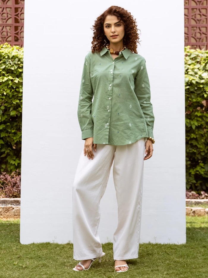 Green Cotton Handloom Full Sleeves Shirt For Women's