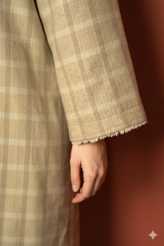 Beige Colour Merino Wool Collar Checkered Print Long Jacket For Women's