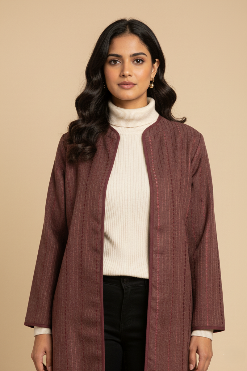 Wine Colour Merino Wool Round Neck Self Design Long Jacket For Women's