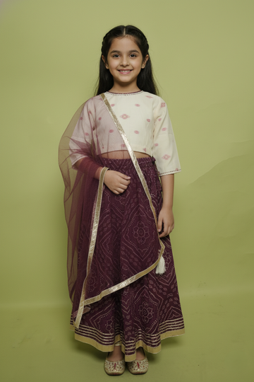 Beige and Wine Bandhani Print Cotton Kids Lehanga