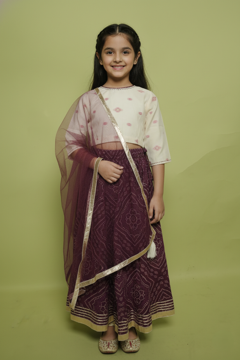 Beige and Wine Bandhani Print Cotton Kids Lehanga