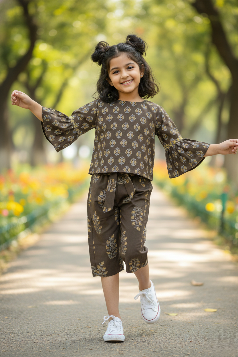 Coffee Brown Cotton Round Neck Top and Capri Set