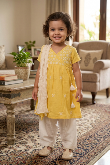 Bright Yellow Kurta Dhoti Dupatta Set