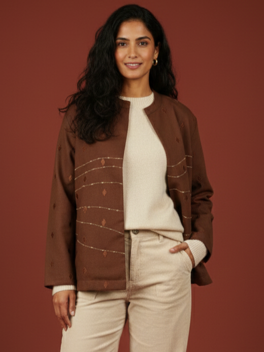 Brown Colour Merino Wool Round Neck Hand Embroidery Print Short Jacket For Women's