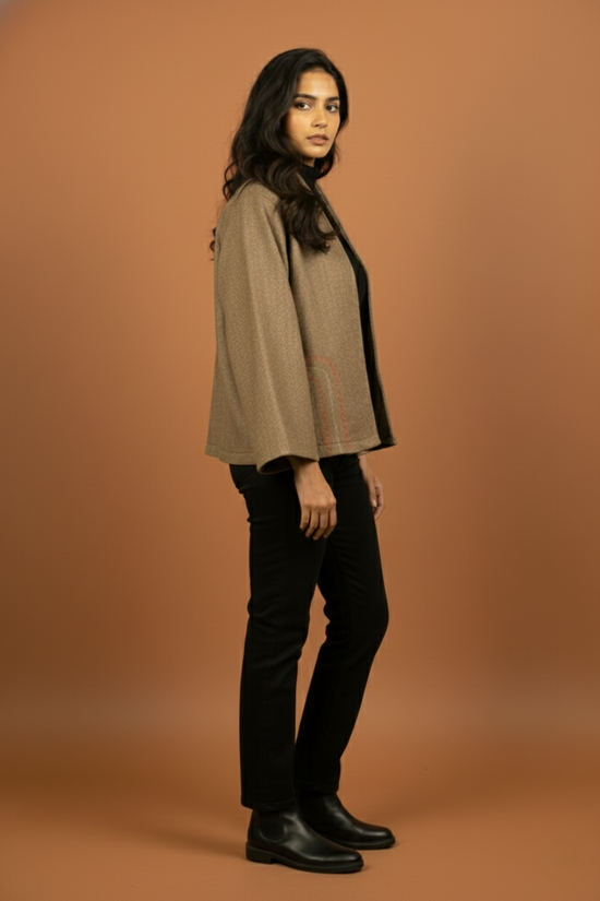 Beige Colour Merino Wool Collar Neck Solid With Hand Embroidery Short Jacket For Women's