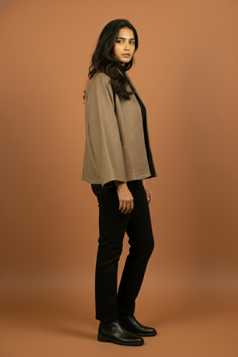 Beige Colour Merino Wool Collar Neck Solid With Hand Embroidery Short Jacket For Women's