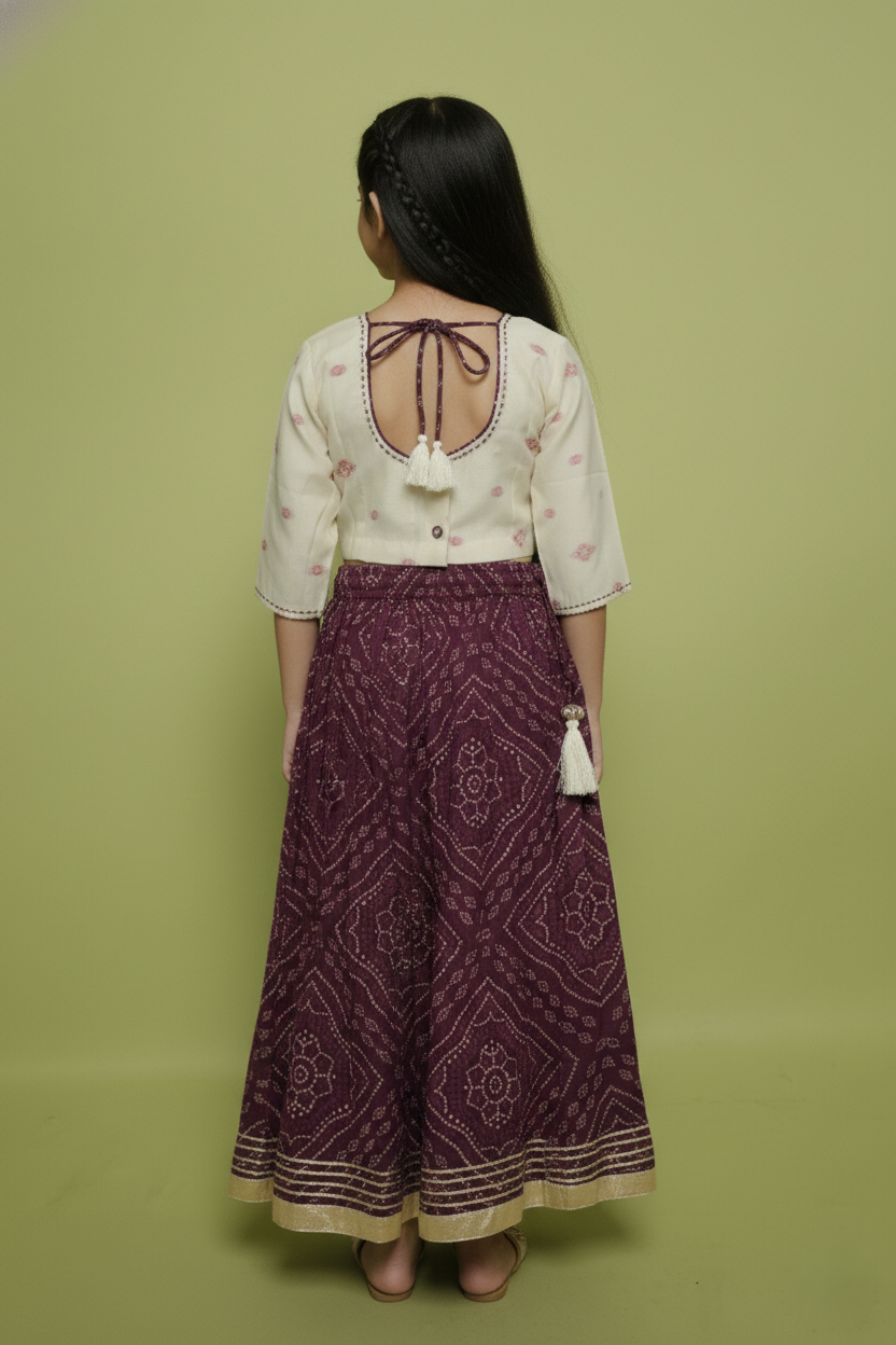 Beige and Wine Bandhani Print Cotton Kids Lehanga