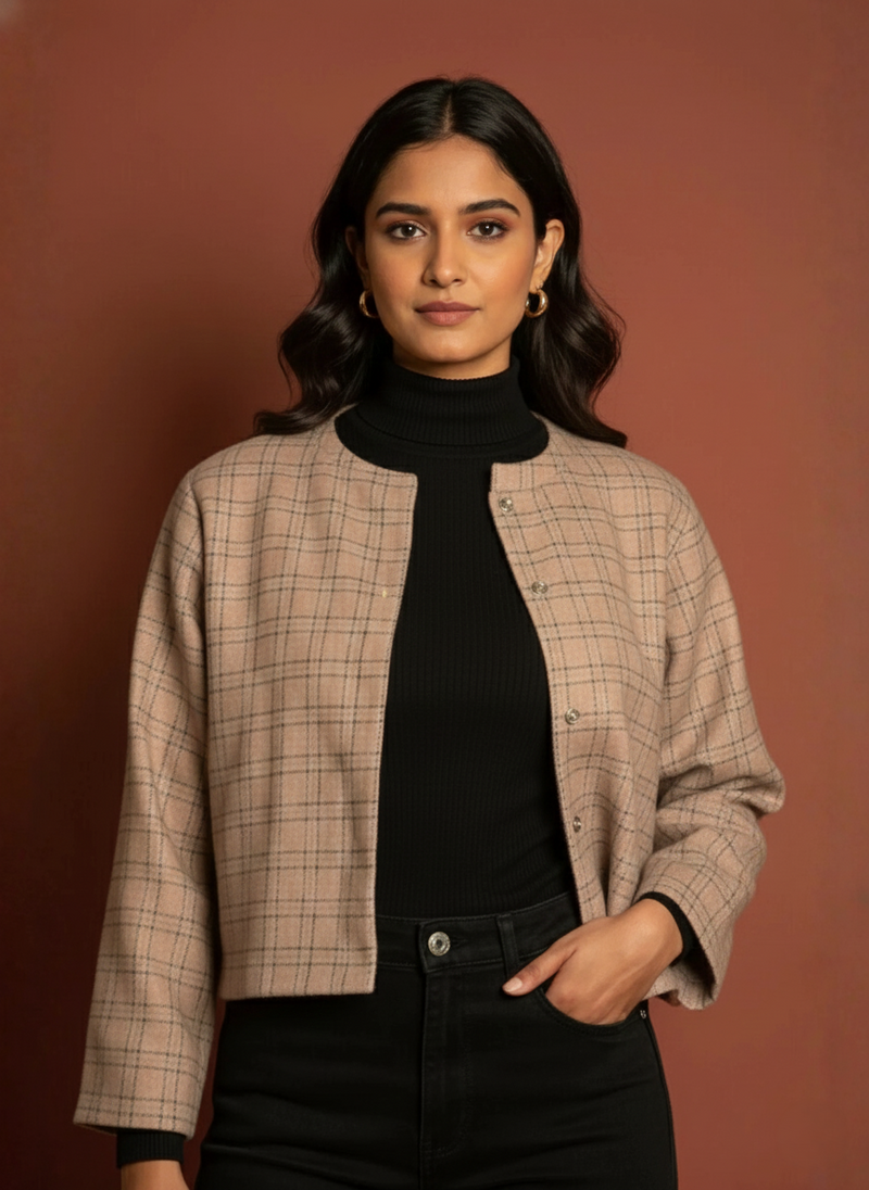 Pink Colour Merino Wool Round Neck Checkered Print Short Jacket For Women's