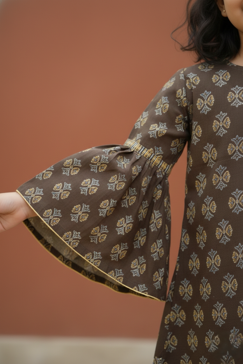 Coffee Brown Cotton Round Neck Top and Capri Set