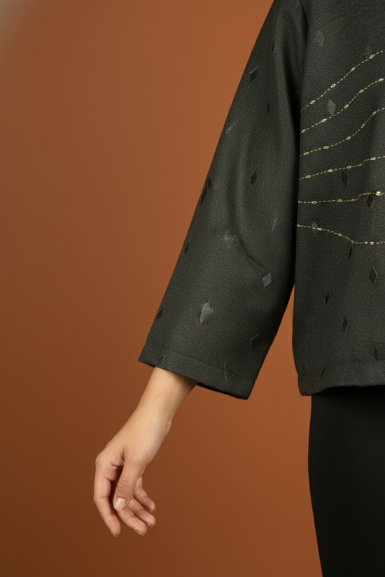 Dark Gray Colour Merino Wool Round Neck Hand Embroidery Print Short Jacket For Women's