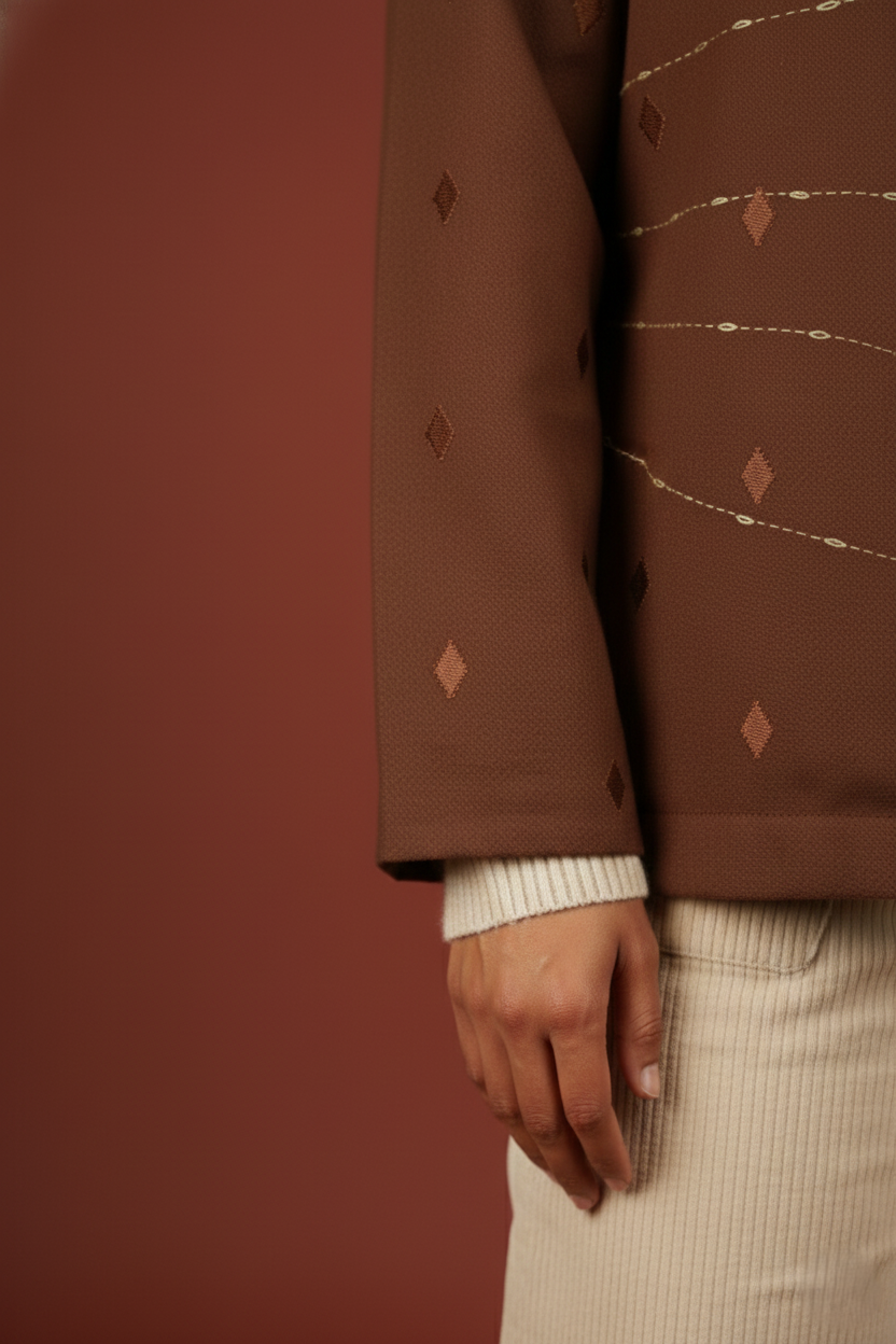 Brown Colour Merino Wool Round Neck Hand Embroidery Print Short Jacket For Women's