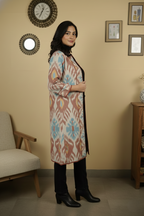 Pink Colour Thick Cotton Round Neck Ikat Chambray Print Long Jacket For Women's