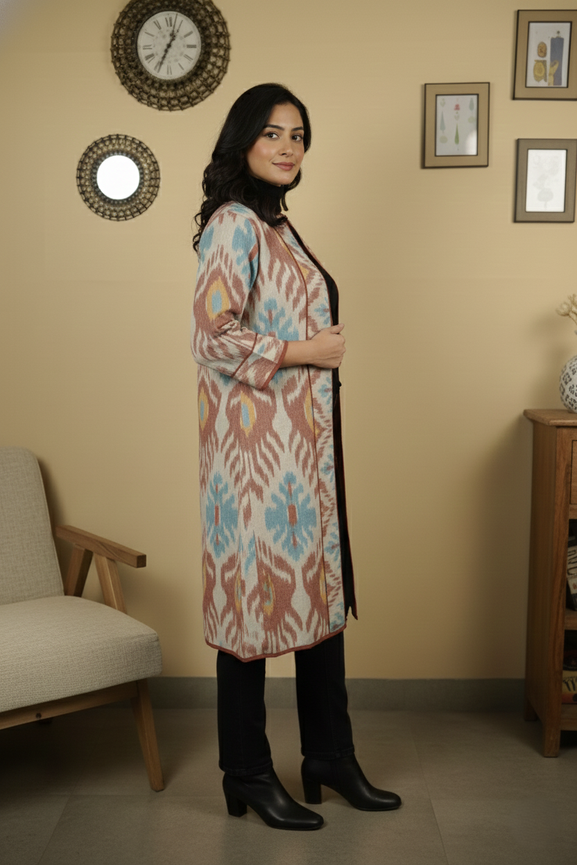 Pink Colour Thick Cotton Round Neck Ikat Chambray Print Long Jacket For Women's