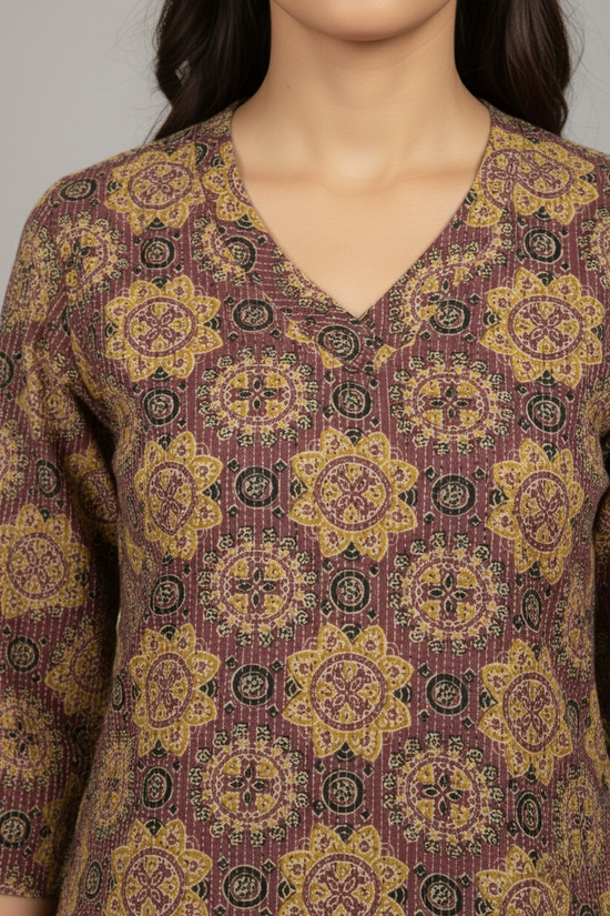 Purple Colour Cotton V-Neck Katha Print Kurta For Women's