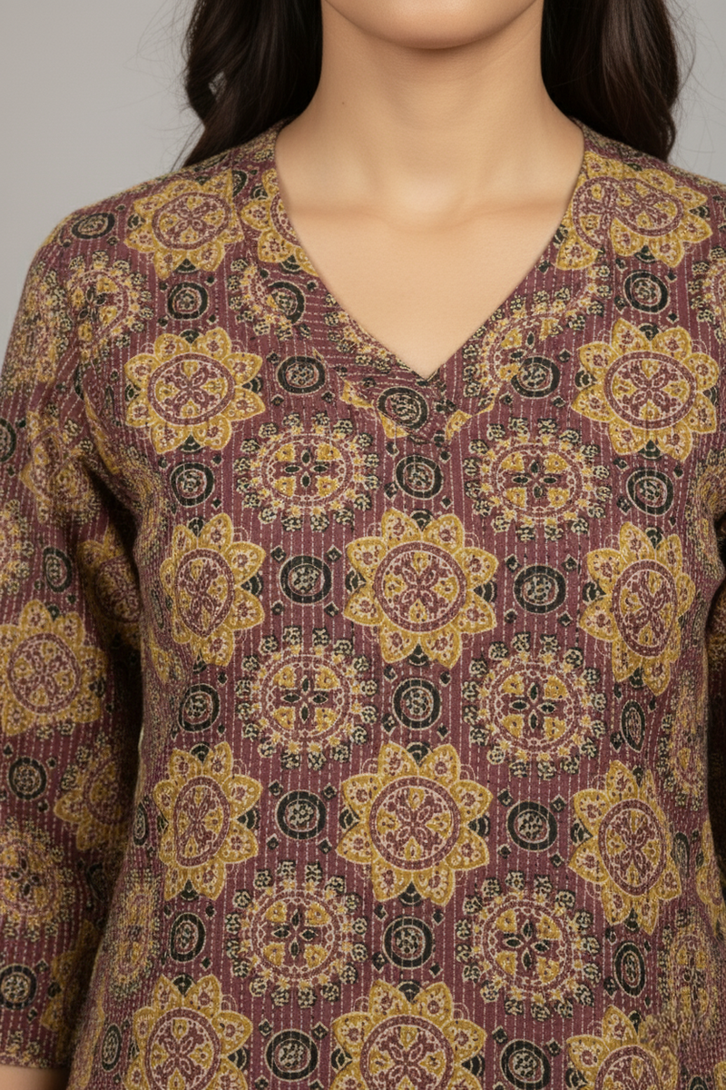 Purple Colour Cotton V-Neck Katha Print Kurta For Women's