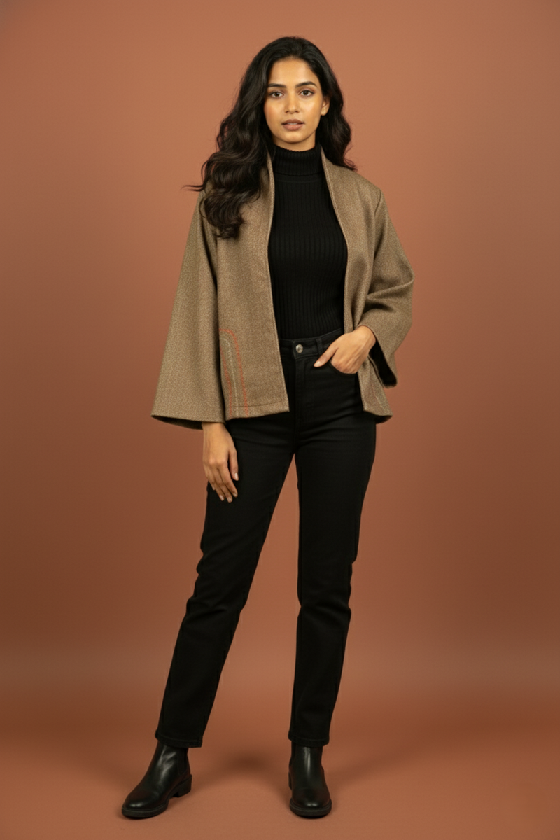 Beige Colour Merino Wool Collar Neck Solid With Hand Embroidery Short Jacket For Women's