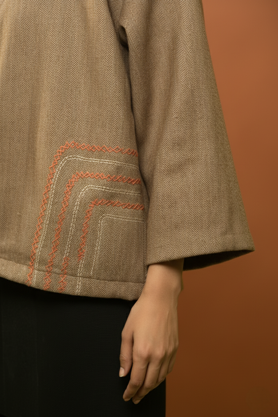 Beige Colour Merino Wool Collar Neck Solid With Hand Embroidery Short Jacket For Women's