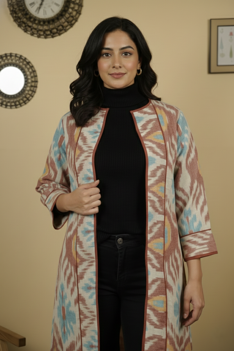 Pink Colour Thick Cotton Round Neck Ikat Chambray Print Long Jacket For Women's