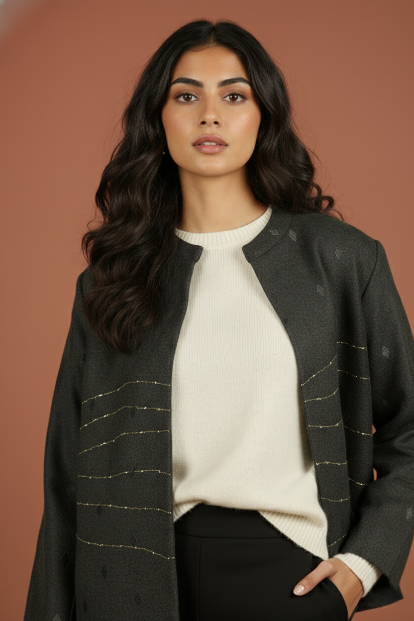 Dark Gray Colour Merino Wool Round Neck Hand Embroidery Print Short Jacket For Women's