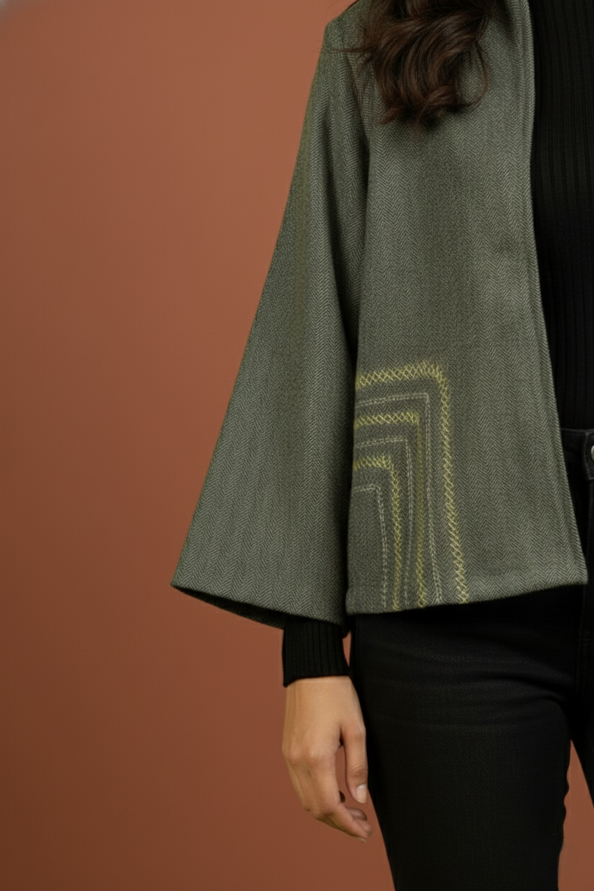 Gray Colour Merino Wool Collar Neck Solid With Hand Embroidery Short Jacket For Women's