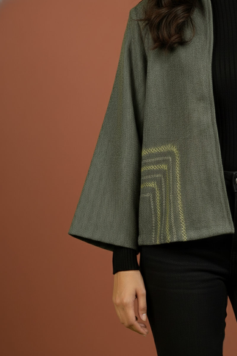 Gray Colour Merino Wool Collar Neck Solid With Hand Embroidery Short Jacket For Women's