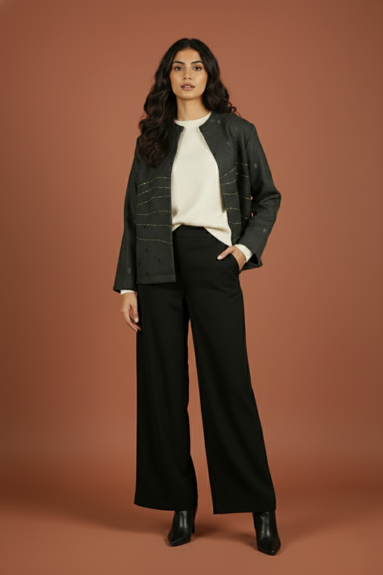 Dark Gray Colour Merino Wool Round Neck Hand Embroidery Print Short Jacket For Women's