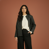 Dark Gray Colour Merino Wool Round Neck Hand Embroidery Print Short Jacket For Women's
