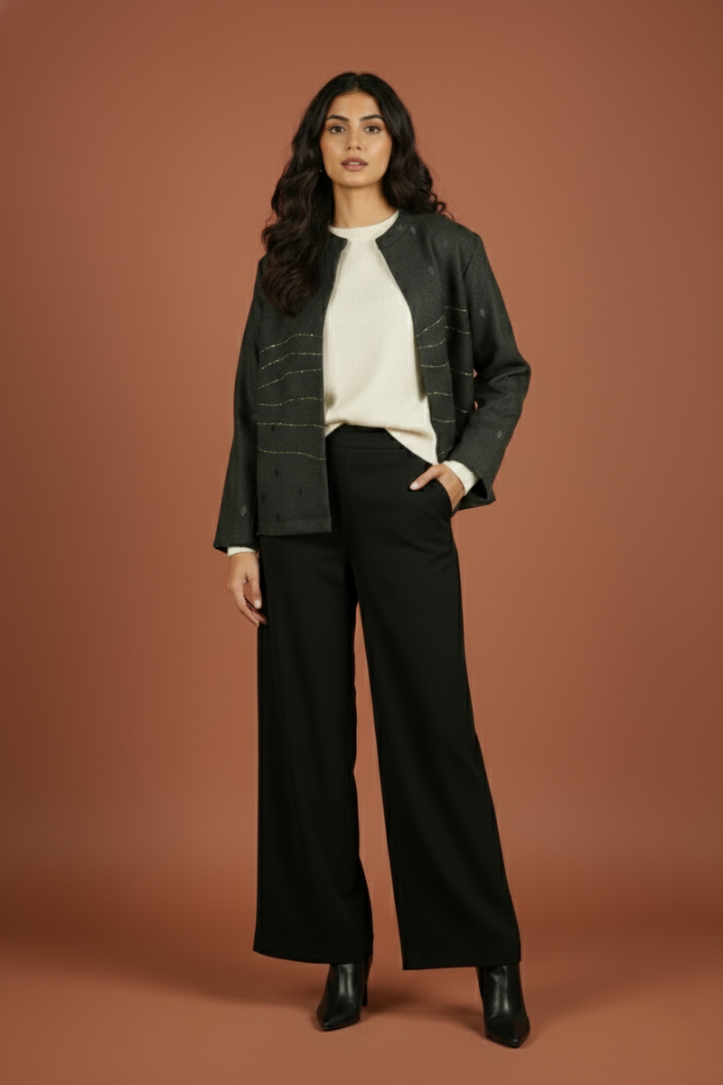 Dark Gray Colour Merino Wool Round Neck Hand Embroidery Print Short Jacket For Women's