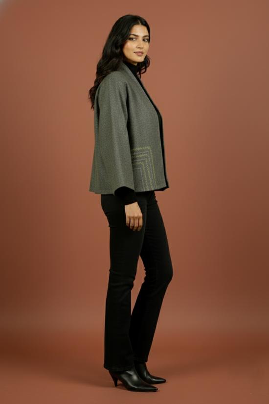 Gray Colour Merino Wool Collar Neck Solid With Hand Embroidery Short Jacket For Women's