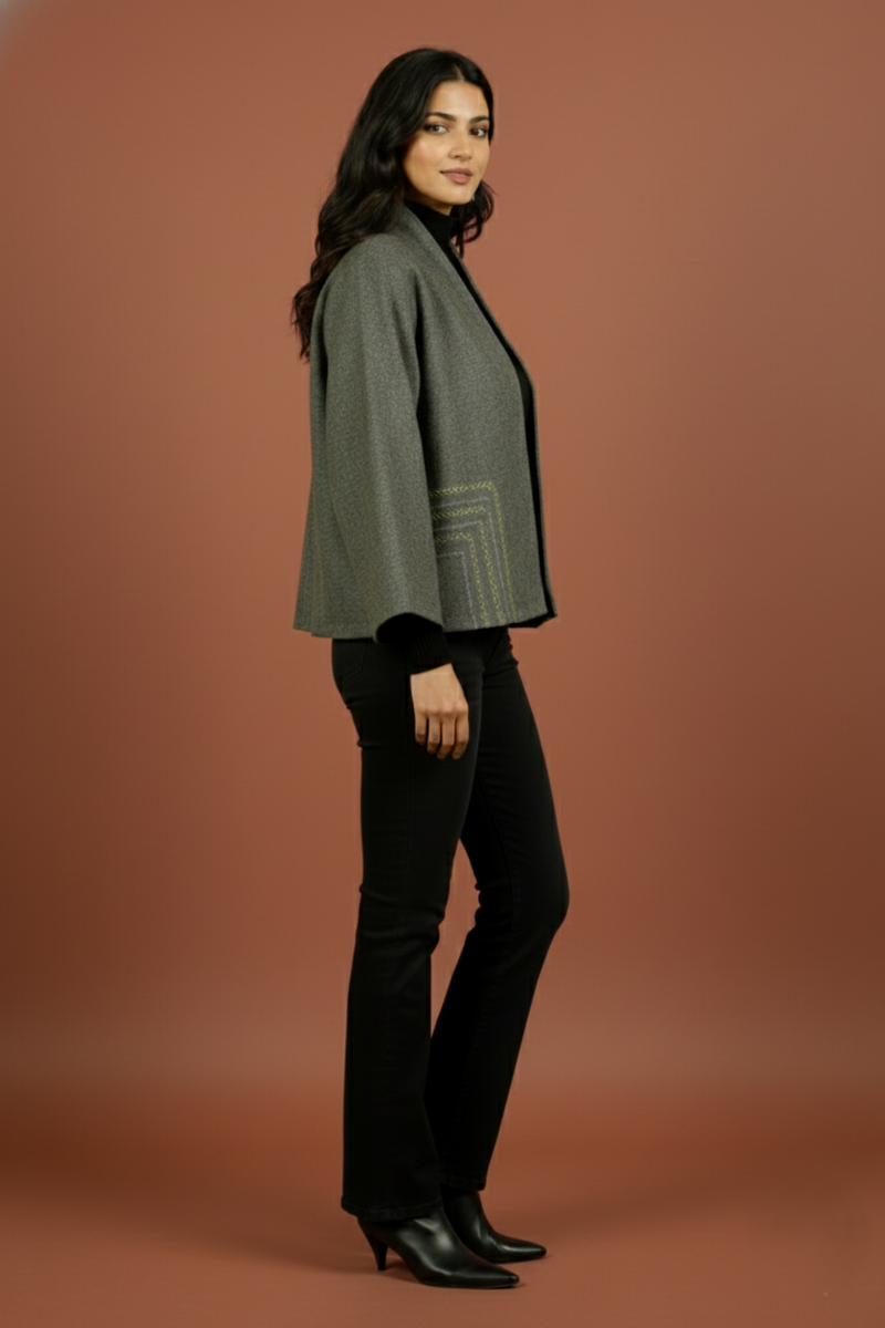 Gray Colour Merino Wool Collar Neck Solid With Hand Embroidery Short Jacket For Women's