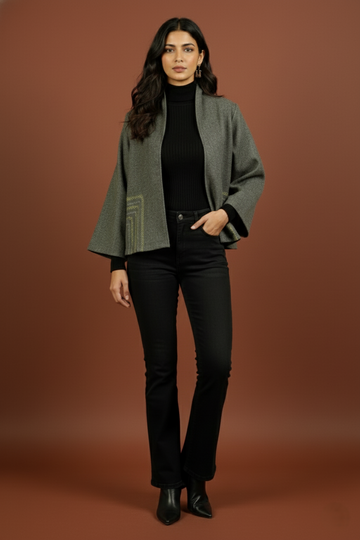 Gray Colour Merino Wool Collar Neck Solid With Hand Embroidery Short Jacket For Women's