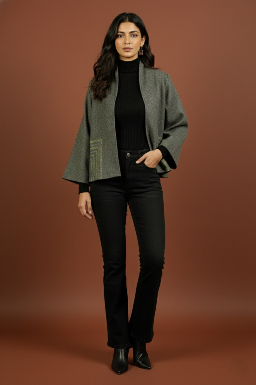 Gray Colour Merino Wool Collar Neck Solid With Hand Embroidery Short Jacket For Women's