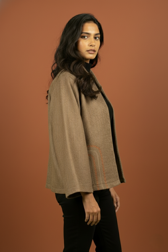 Beige Colour Merino Wool Collar Neck Solid With Hand Embroidery Short Jacket For Women's