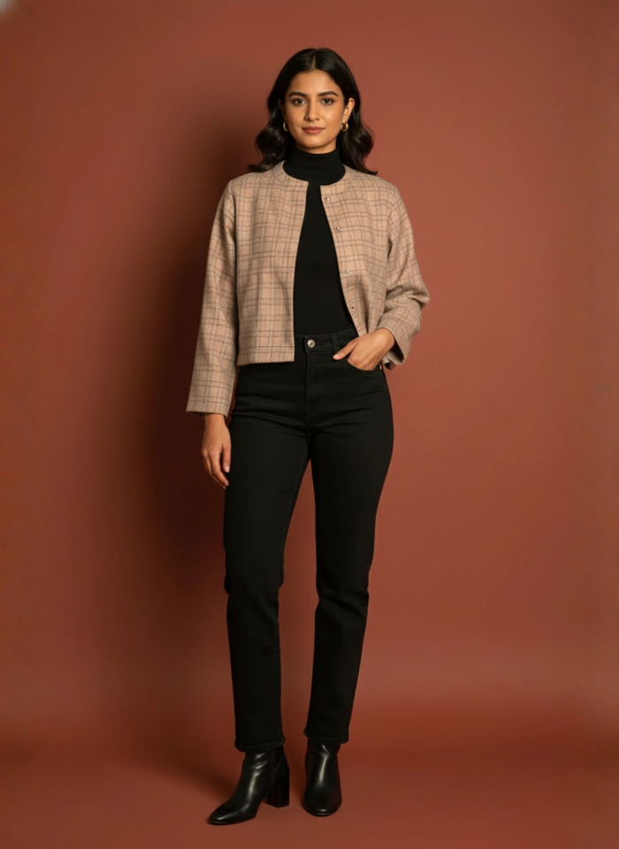 Pink Colour Merino Wool Round Neck Checkered Print Short Jacket For Women's