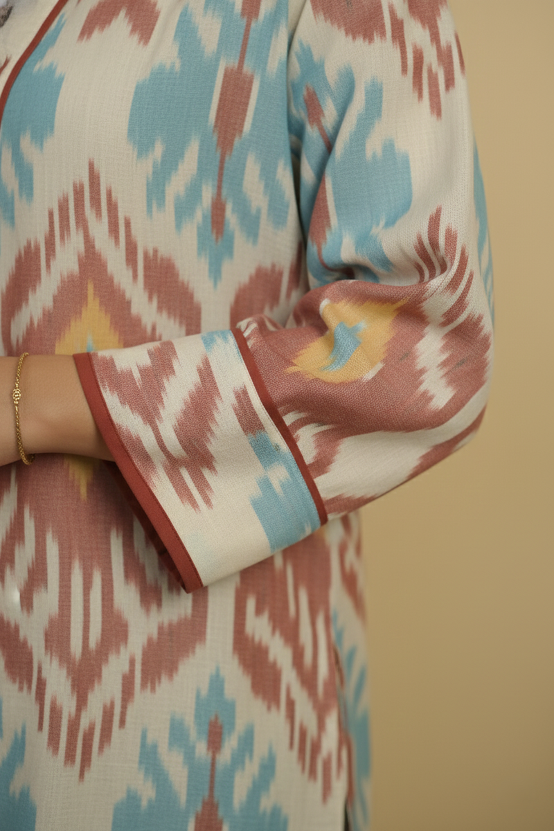 Pink Colour Thick Cotton Round Neck Ikat Chambray Print Long Jacket For Women's