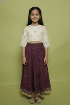 Beige and Wine Bandhani Print Cotton Kids Lehanga