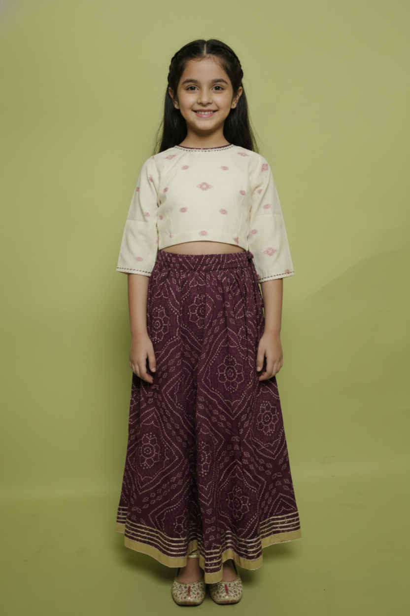 Beige and Wine Bandhani Print Cotton Kids Lehanga