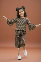 Coffee Brown Cotton Round Neck Top and Capri Set