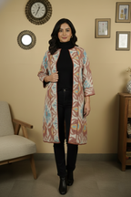 Pink Colour Thick Cotton Round Neck Ikat Chambray Print Long Jacket For Women's