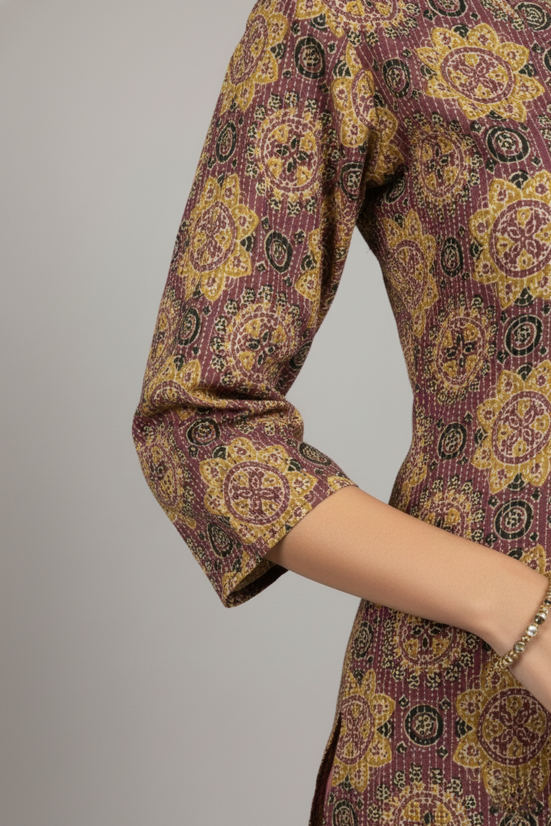 Purple Colour Cotton V-Neck Katha Print Kurta For Women's