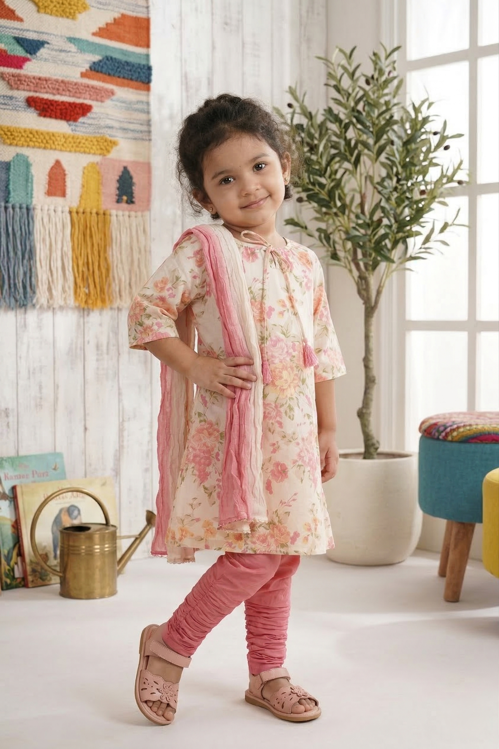 Off-White Kurta Churidar Dupatta Set